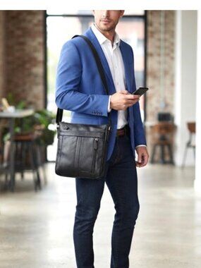 MANCINI Unisex Black Leather Vertical Messenger Bag Padded Shoulder Cros…